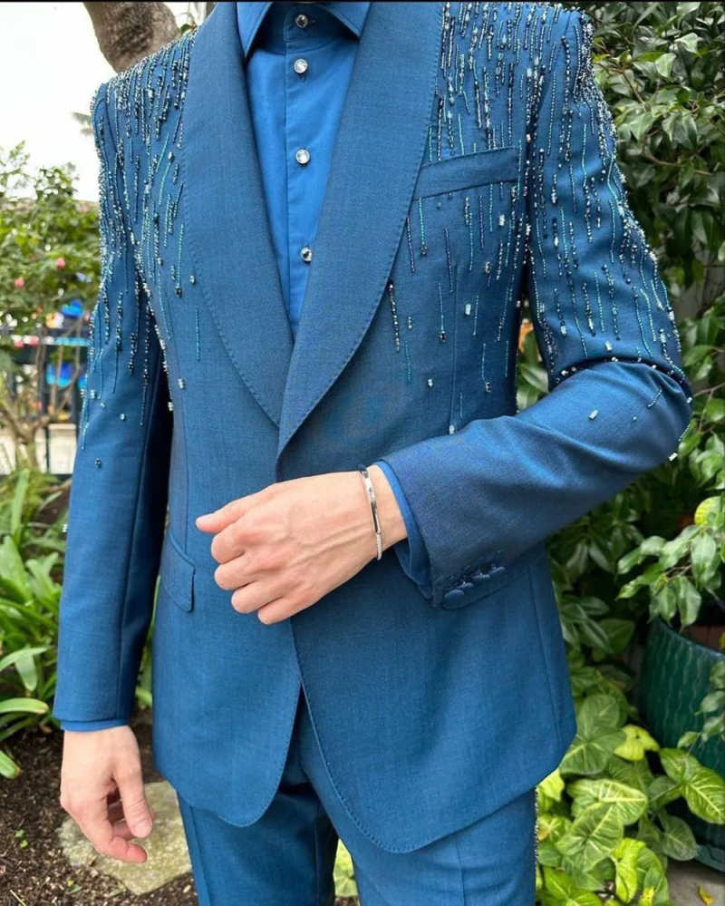 Exquisite Man Tuxedos 2 Pcs Jacket Pants Beading Men Suit Formal Shawl Lapel Single Breasted Wedding Groom Coat Customized