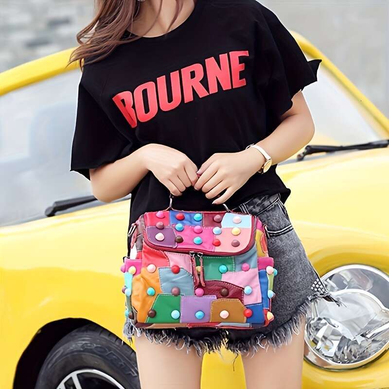 1Pc Geometric Pattern Handbag - Detachable Shoulder Strap, Zipper Closure, Polyester Lining, Multi-Functional Spacious Messenger Bag With Random Patch