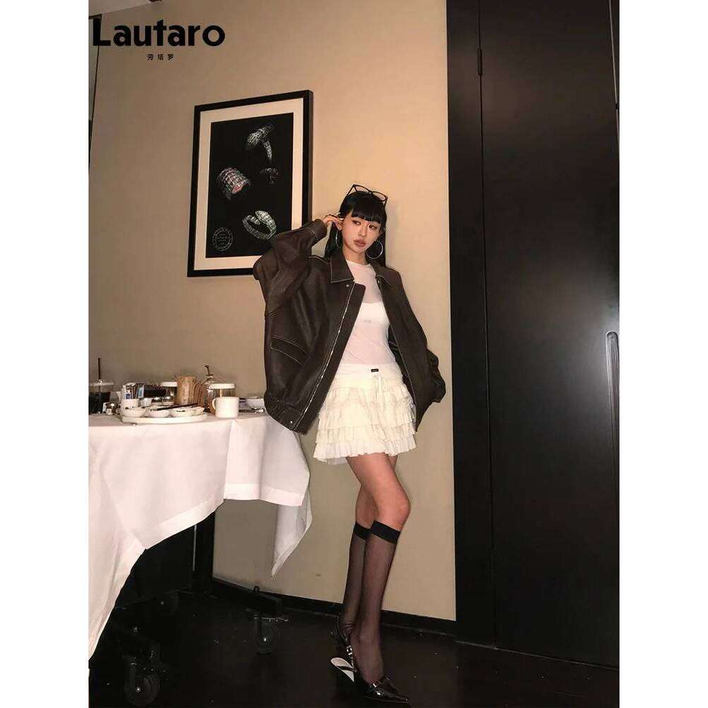 Lautaro Spring Autumn Cool Handsome Retro Oversized Distressed Brown Soft Faux Leather Jackets for Women Zipper Runway Fashion