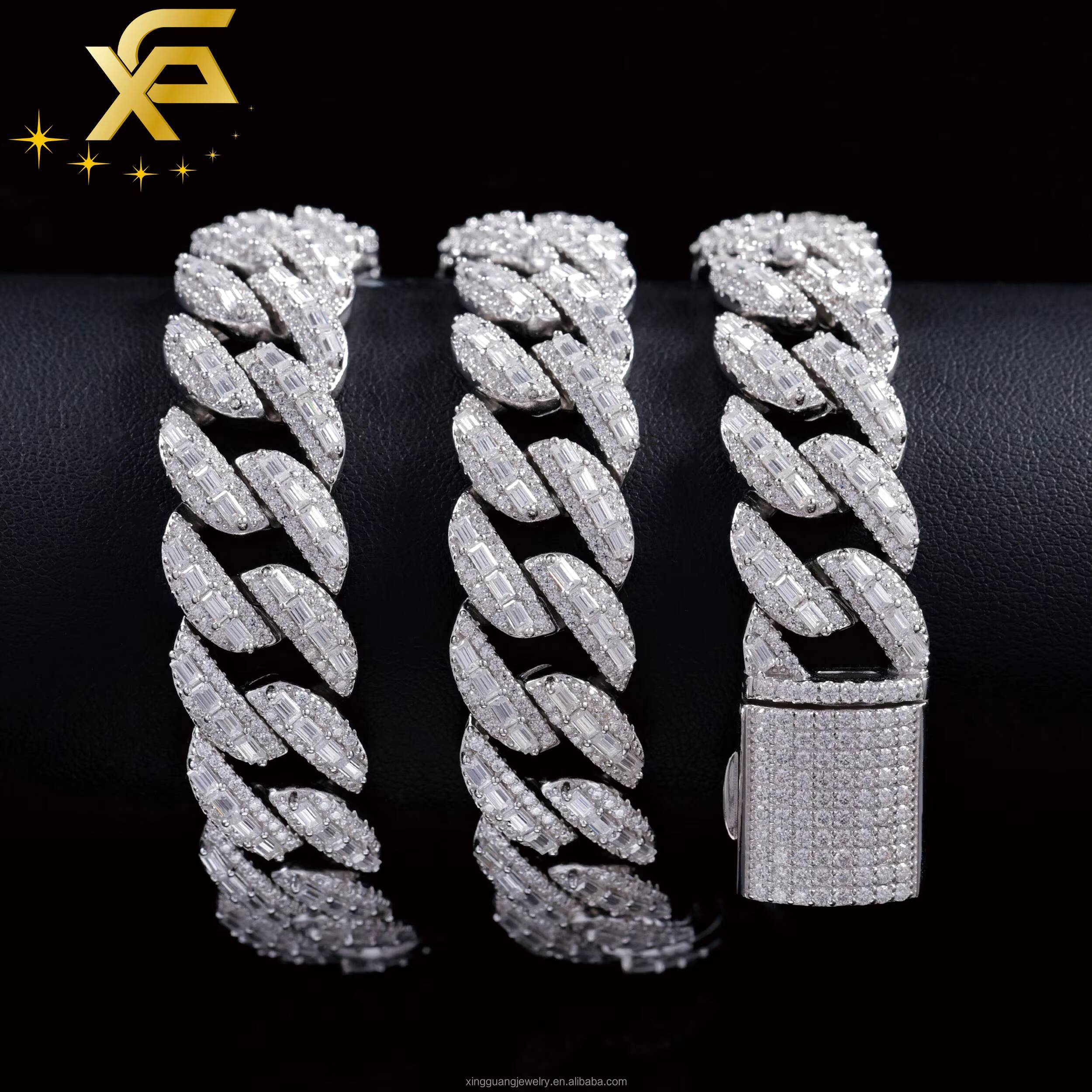 RTS 15mm Vvs Baguette Moissanite Pass Diamond Test Iced Out Hip Hop Silver Necklace Cuban Chain Fine Jewelry Men Rapper Lidynamic