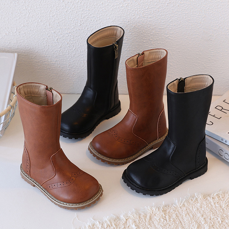 Designer Girl Long Boots for Girls Kids Black Brown PU Leather Toddler Littlesprouts Children High Motorcycle Boots Sizes 24 - 35 US7.5-US3Y L1167