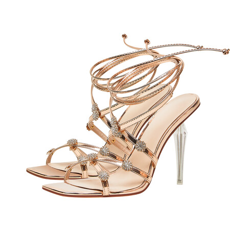 Chengdu Craftsmanship Rhinestone Stiletto Sandals 10.5cm Heel Open Toe Lace Up Evening Shoes Blue Gold