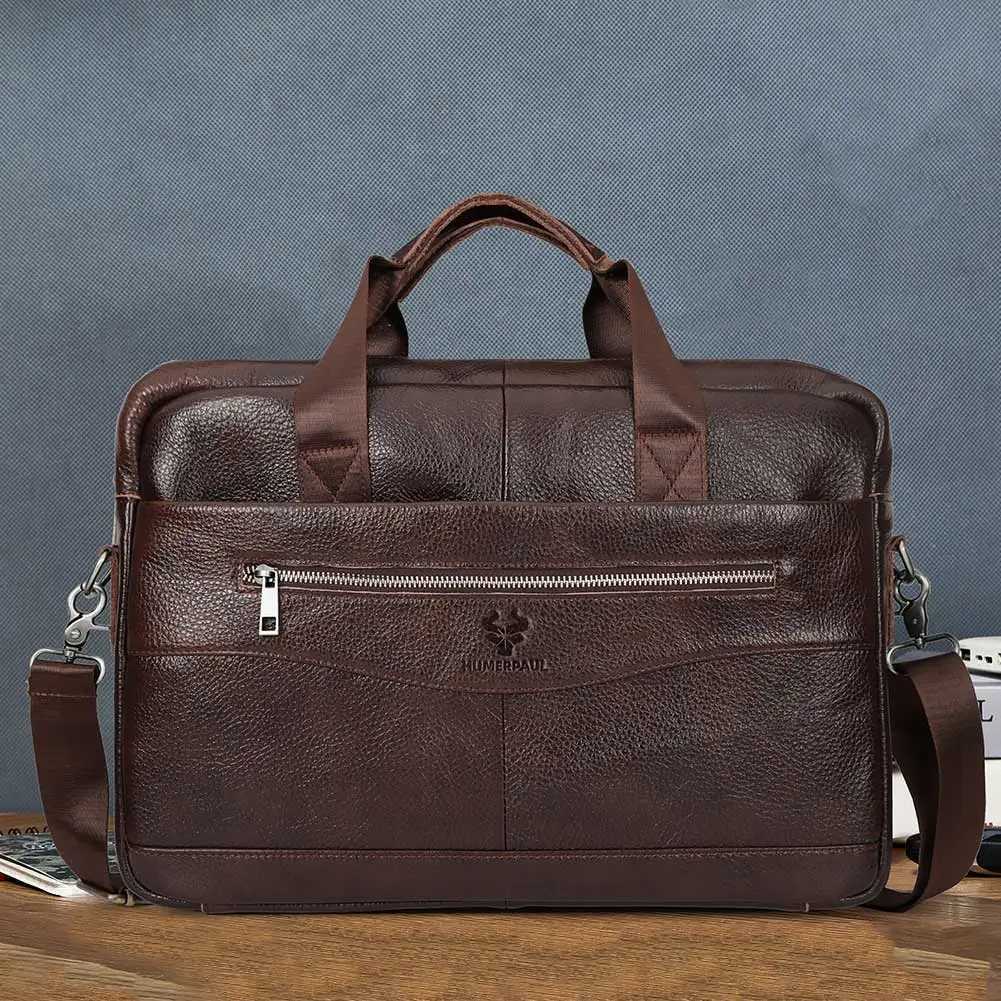 Genuine Leather Mens Briefcase for Work High Quality Laptop Bags Casual Male Shoulder Messenger Top Layer Leather Travel Bags W251022