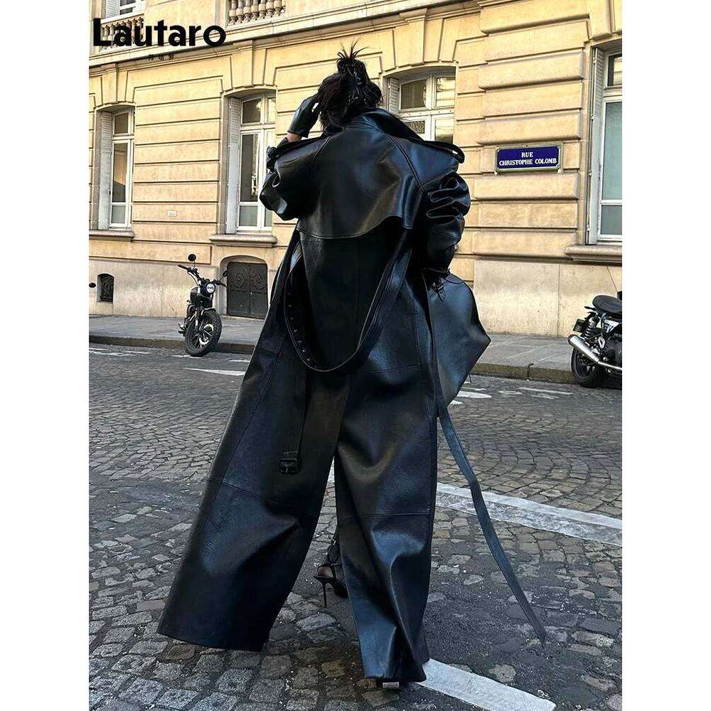 Lautaro Spring Autumn Extra Long Black Pu Leather Trench Coat for Women with Back High Slit Chic European Fashion 2024