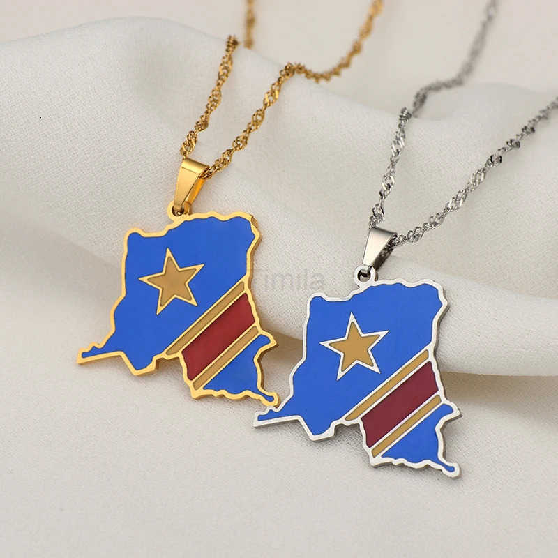 Democratic Republic of the Congo Map Colored Flag Pendant GoldSilver Color DRC Kinshasa Necklace Ethnic Stainless Steel Jewelry U251022
