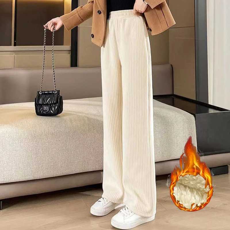 Winter Female Classic Designer Pants Girls Fleece Thermal High Waist Pants Lady Korean Snow Warm Straight Leg Plush TrousersT251022