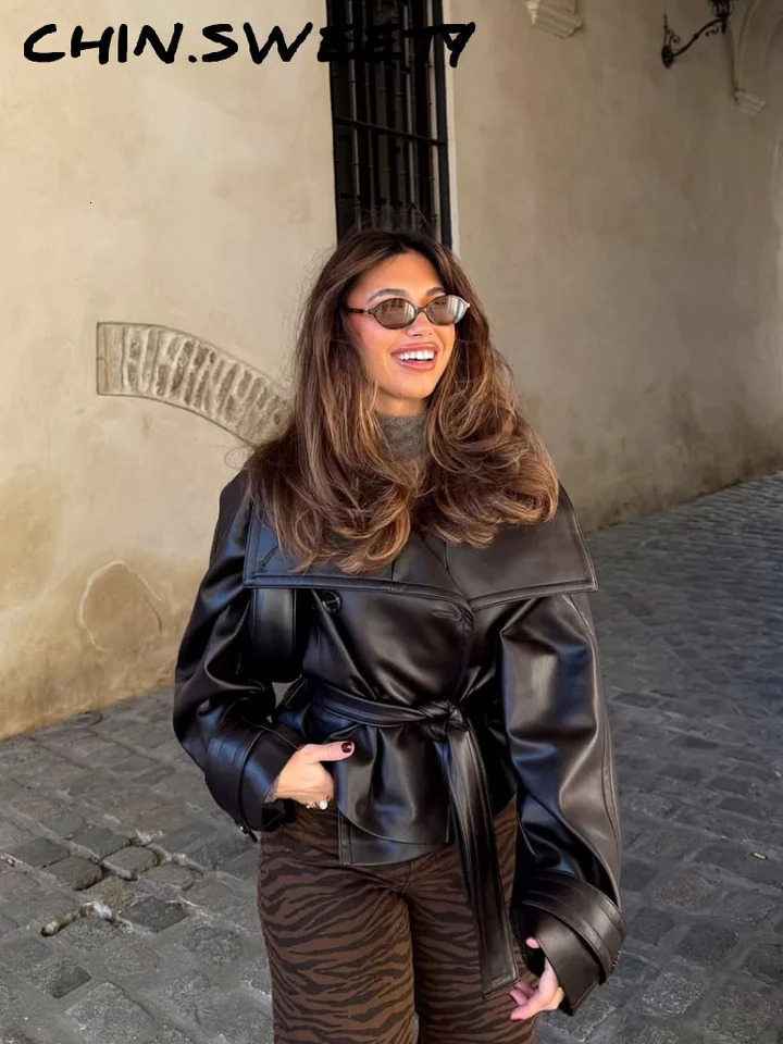 Elegant Vneck Lace Up Leather Jacket Women Double Breasted Long Sleeves Jackets Female Autumn Winter Highstreet Lady Coats 251020