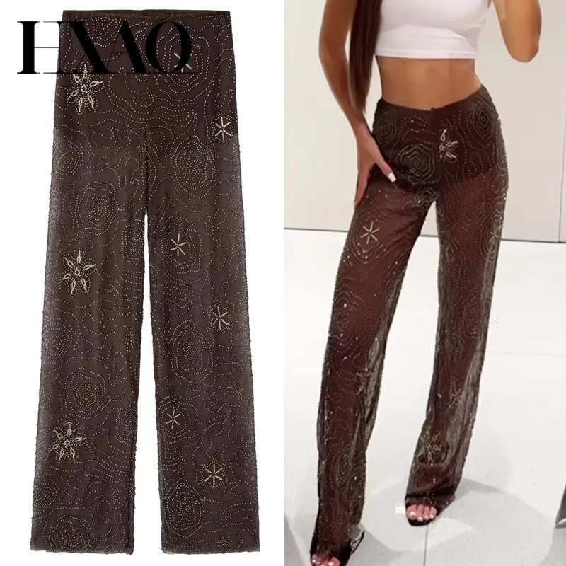 HXAO Womens Pants Spring Summer 2025 Beading Brown Trousers Sequins Translucent High Waist Pants Ladies Streetwear Casual Pants 251022