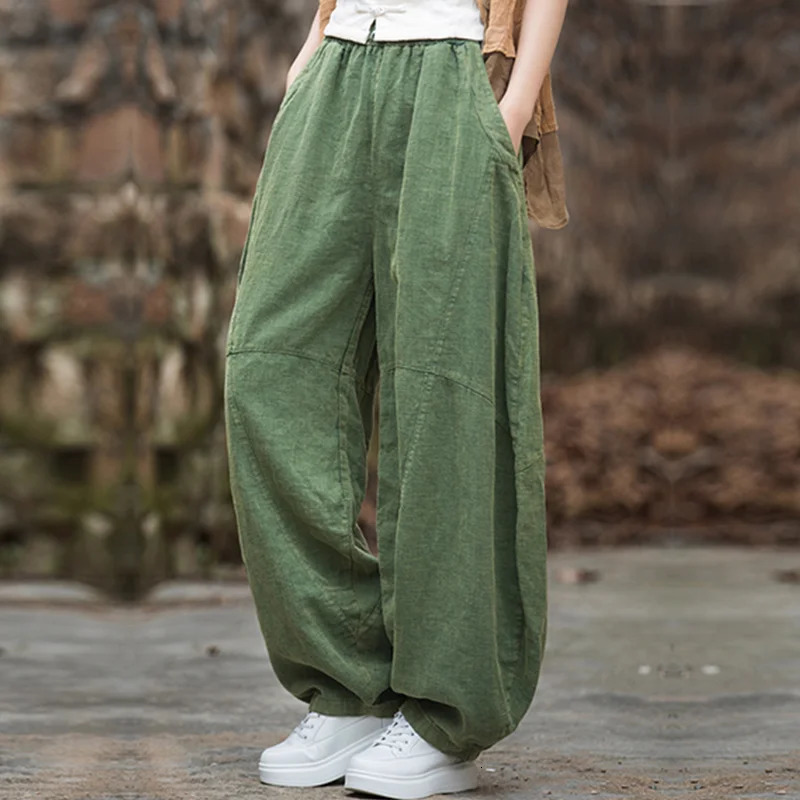 Elegant Womens Cotton Linen Baggy Cargo Pants Vintage Elastic Waist Yoga Trousers Loose Casual Long Wide Leg Oversize Clothes 251017