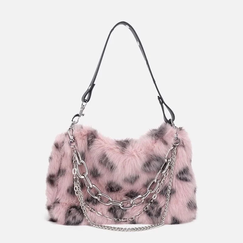 Faux Fur Leopard Shoulder Bag Womens Autumn Winter Chain Handbags Ladies Print Clutch Purses Fluffy Top Handle Bags 251018