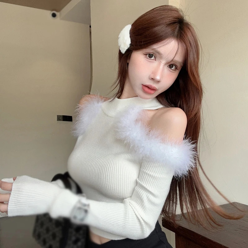 Autumn Winter Long Sleeve Half High Collar Splice Plush Sweaters Hollow Out Shoulder Pullover Knitted Solid Color Y2k Streetwear 251016