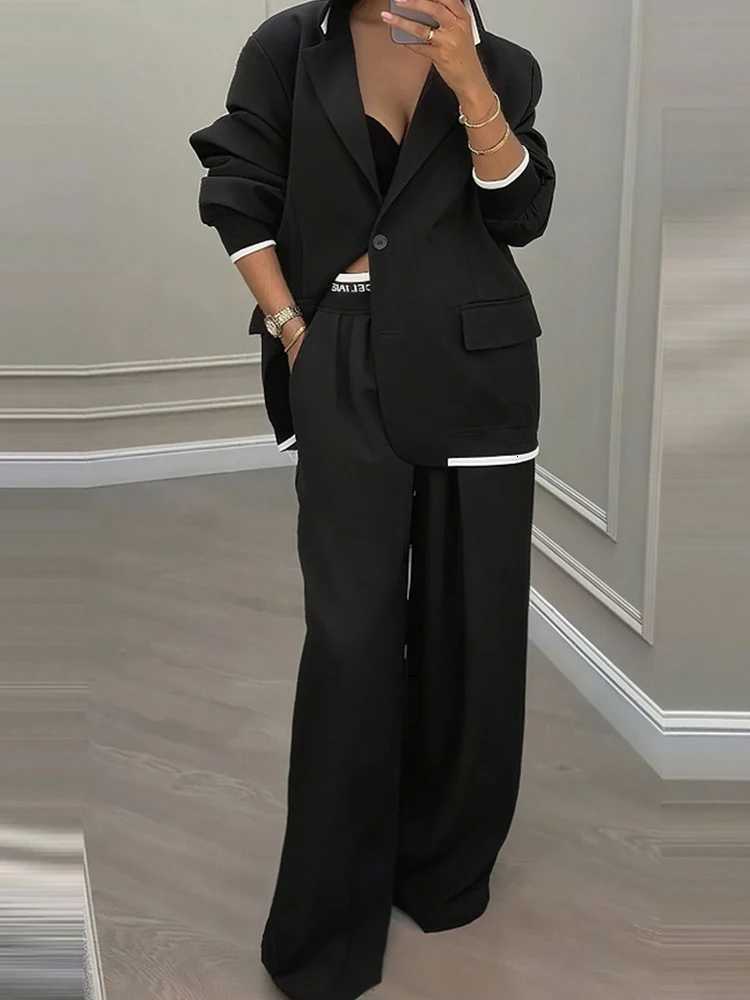 New Womens 2PCS Set Cardigan Top with Wide Leg Pants TurnDown Collar Long Sleeve Patchwork Outfit for Spring Autumn StreetwearT251022