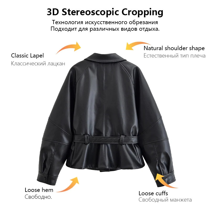 Womens black faux leather belt jacket with a collar trendy and fashionable autumn winter coat 251106