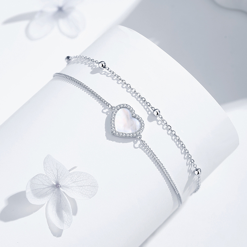 TaiYang New Mother-of Peal S925 Sterling Silver Heart Double-Layer Bracelet for Women Luxury High-End Minimalist Heart-Shaped Pearl Jewelry High quali