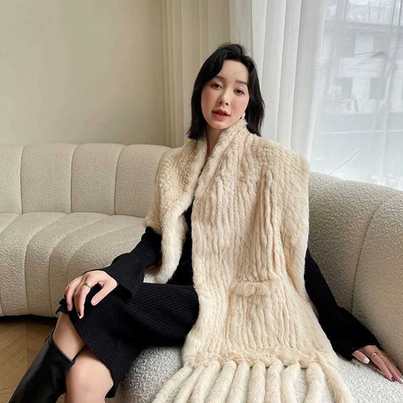 2024 New Autumn Fashion Knitted Fur Shawl Women Winter Real Rabbit Fur Scarf Thick Luxury Shawl With Tassel Ladies Knit Scarfs J251118
