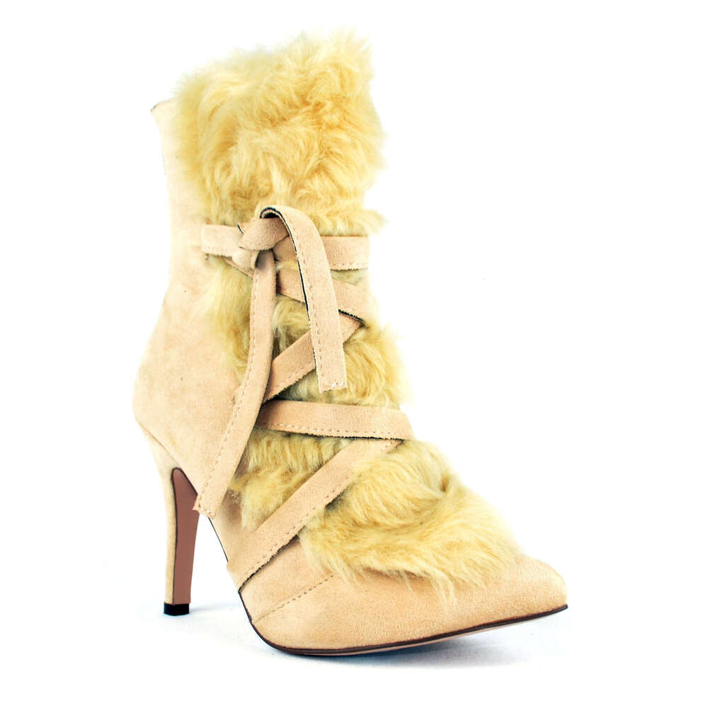 Women's Pointed Toe Faux Suede Fur Ankle Boot With Stiletto Heel And Wrap Tie Detail