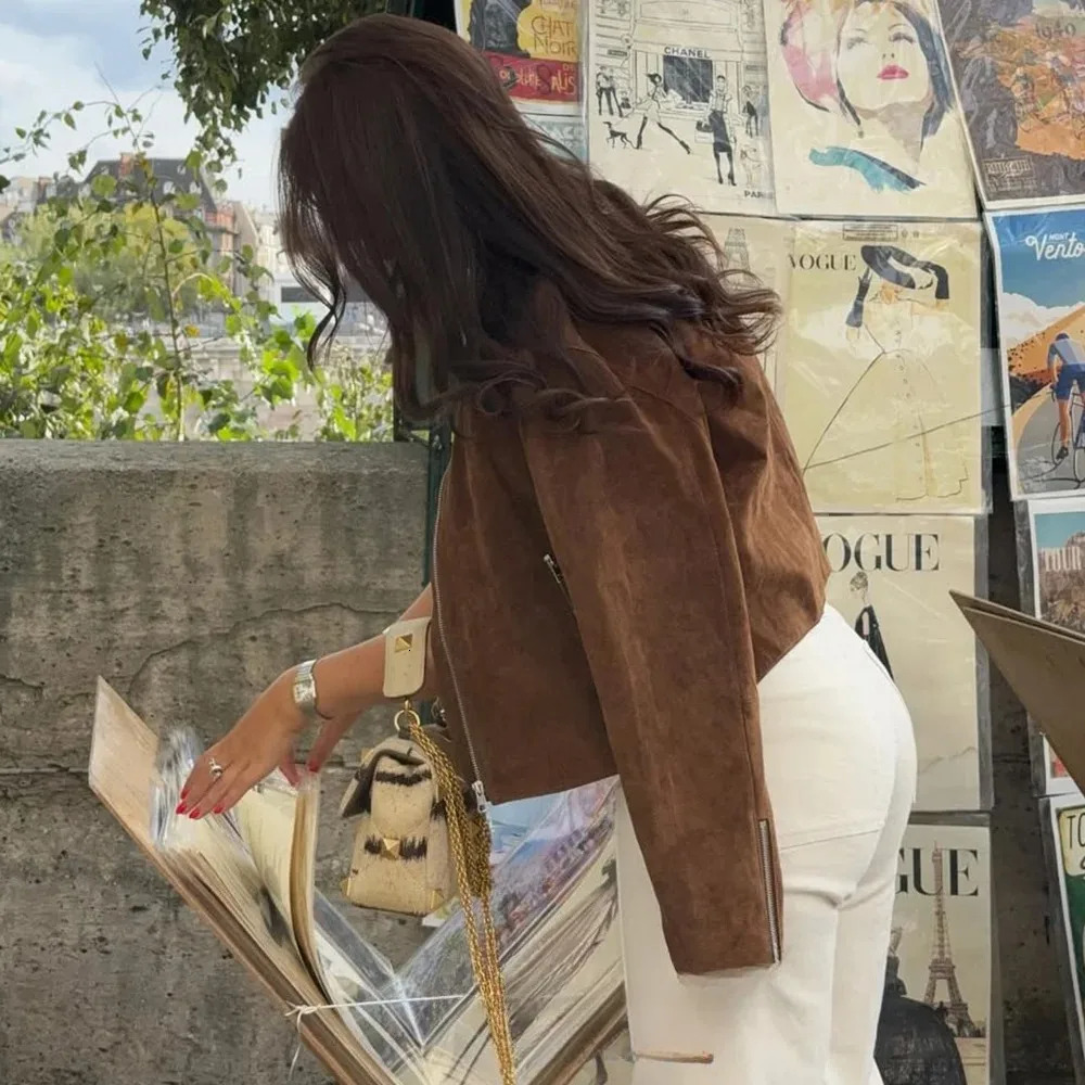 KONDALA Streetwear Suede Slim Jackets Women Zipper Pockets Long Sleeve Coats Fashion Fall Casual Vintage Elegant Outwears 251021