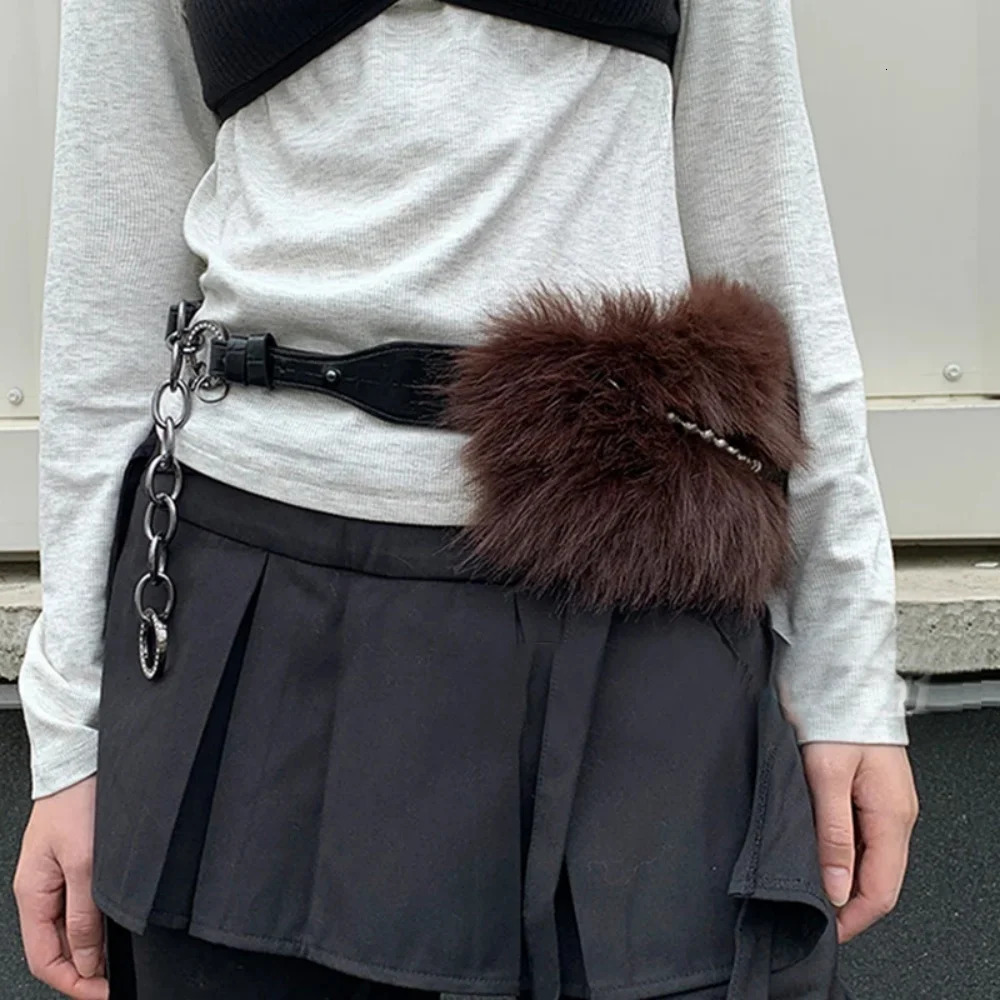 Y2K Vintage Faux Fur Belts Metal Bead Chain Plush Waist Chain Furry Fur Sexy Cowgirl Waistband Punk Belt Jeans for Night Club 251013