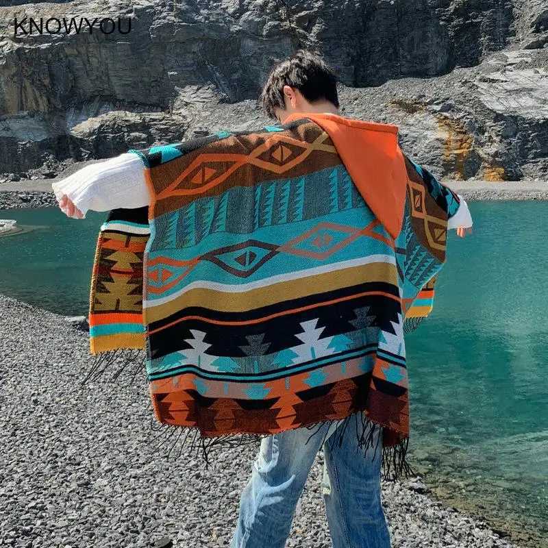 New Tourism Cloak Male Hooded Warmth Scarf Warmth Shawl Capes Print Tassels Jacket Men Poncho Outwear Big Size J251118