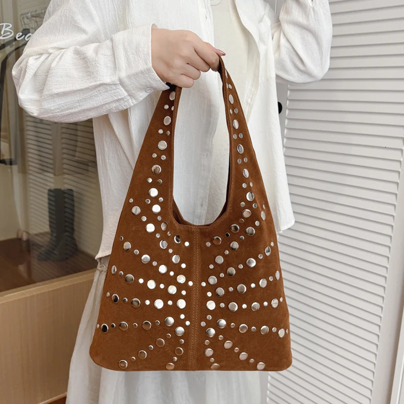 Suede Polka Dot Rivet Underarm Shoulder BagMetal Studded Women HandbagVintage Motorcycle Punk Style Tote BagAutumnWinter 251018