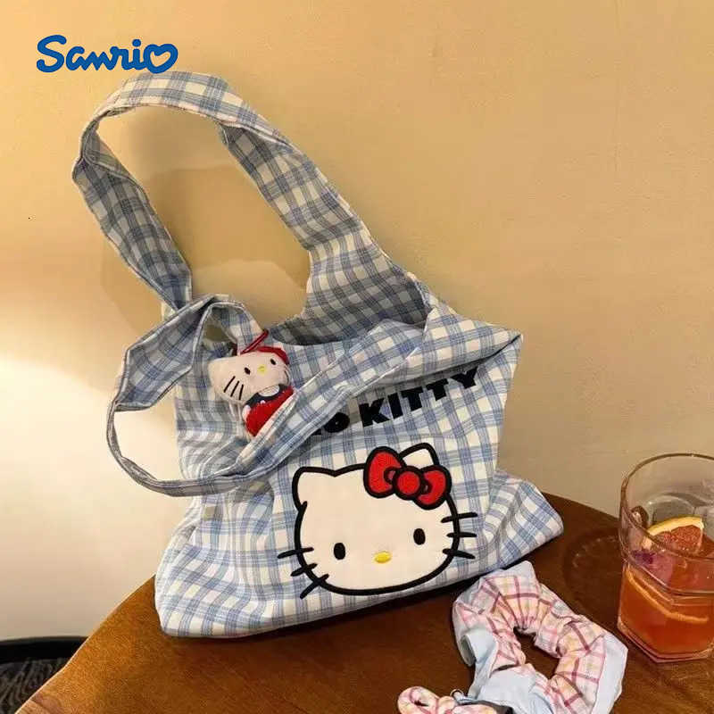 Sanrio Cute Hello Kitty Shoulder Bag Oversized Cotton Canvas Tote For Girls Fashion Kawaii Shopping Bag With Adorable Cat Print L251022