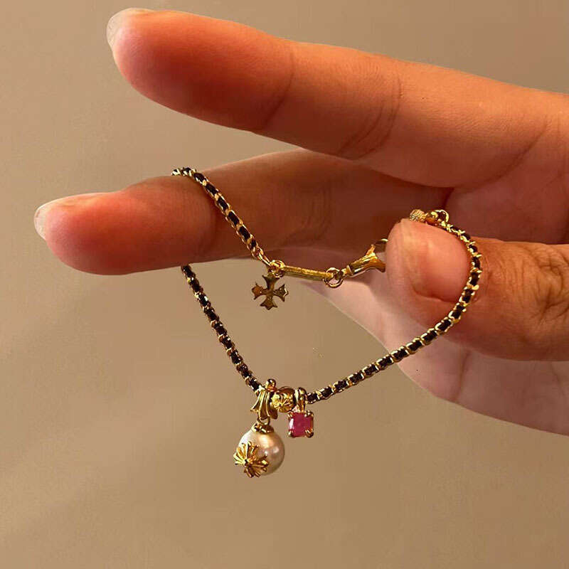 Black Gold Chain Braided Pearl Cross Pendant Bracelet Exquisite and Elegant Jewelry