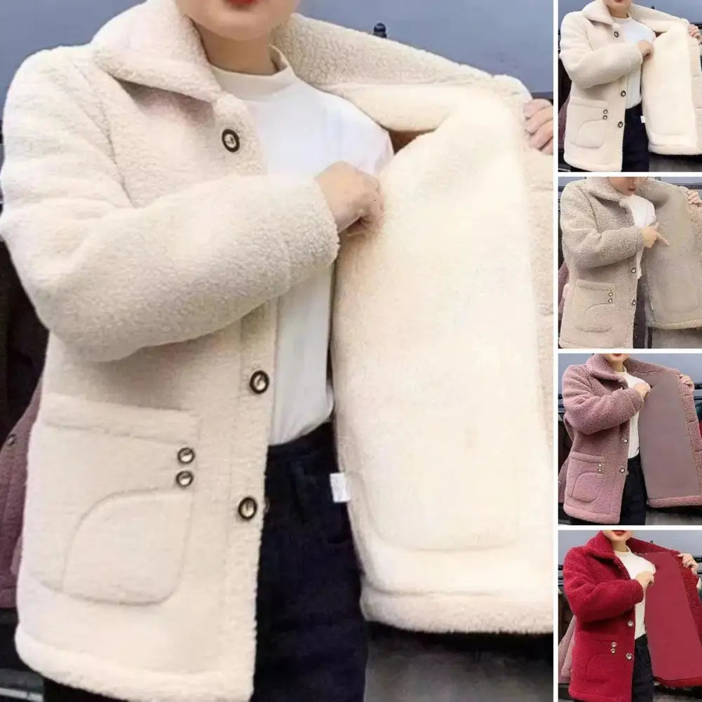 Winter Fleece Coat Singlebreasted With Side Pockets Turndown Collar Coldproof Solid Color Long Sleeves Outwear Jacket 251016