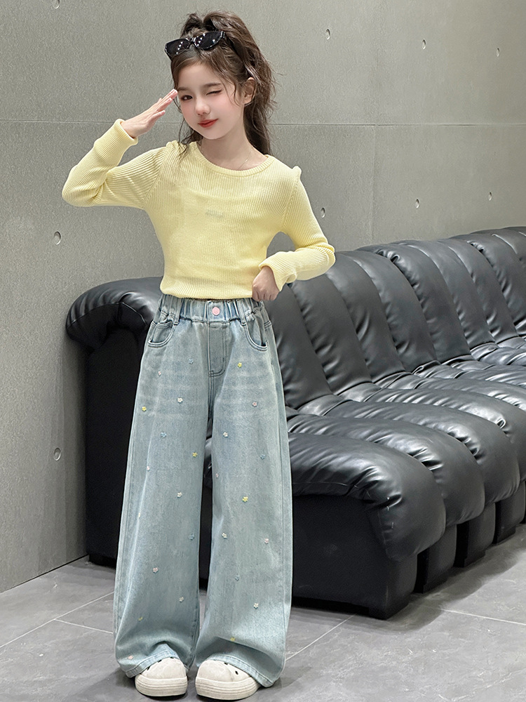 designer kids pants Fashion 2025 Wide Leg Jeans for Girls, Spring Loose Straight Leg Pants, Korean Style Casual Trousers for Big Girl Teen