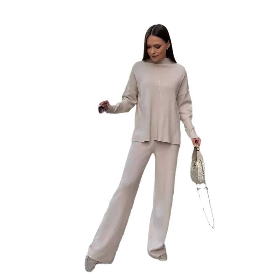 Knitting 2 Piece Set Women Pullover Sweater Pants Suit Knitted Top Half High Collar Jumpers Trousers Outfits Autumn WinterT251022