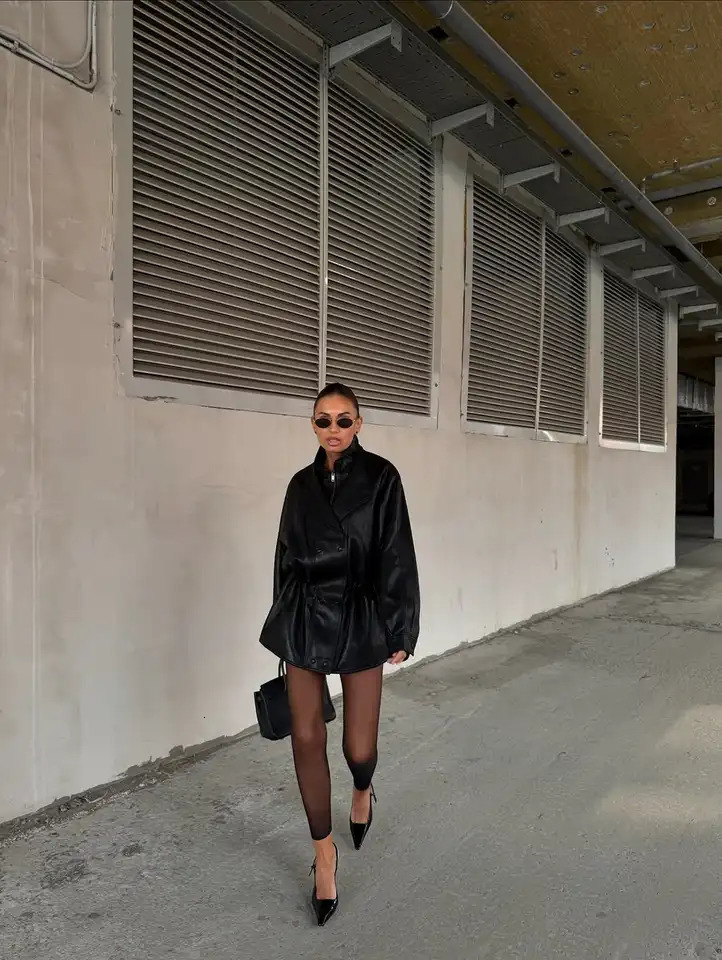 Retro Short Leather Jacket Women Black Chic Stand Collar Zipper Pocket Cinchedwaist Jackets Lady Autumn Daily Highstreet Coat 251017