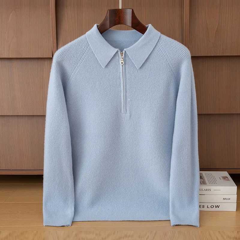 FallWinter 100 Pure Wool Mens Lapel Pullover Sweater Business Knitting Casual Bottoming Cashmere Sweater TopXJ251022