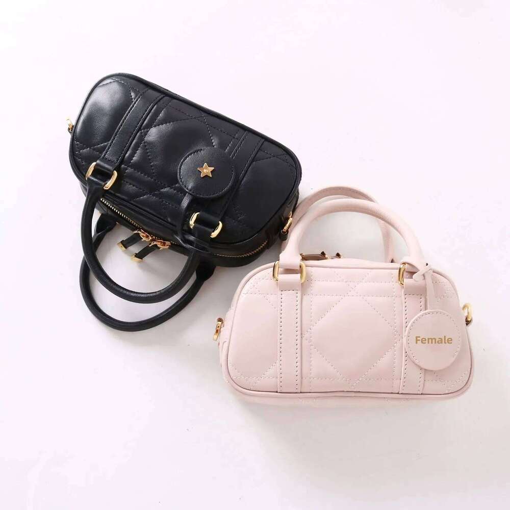 2025 New Dia Pattern Boston High Quality Women's Handbag Vintage Style Shoulder Crossbody Bag Polyester Lining Zipper