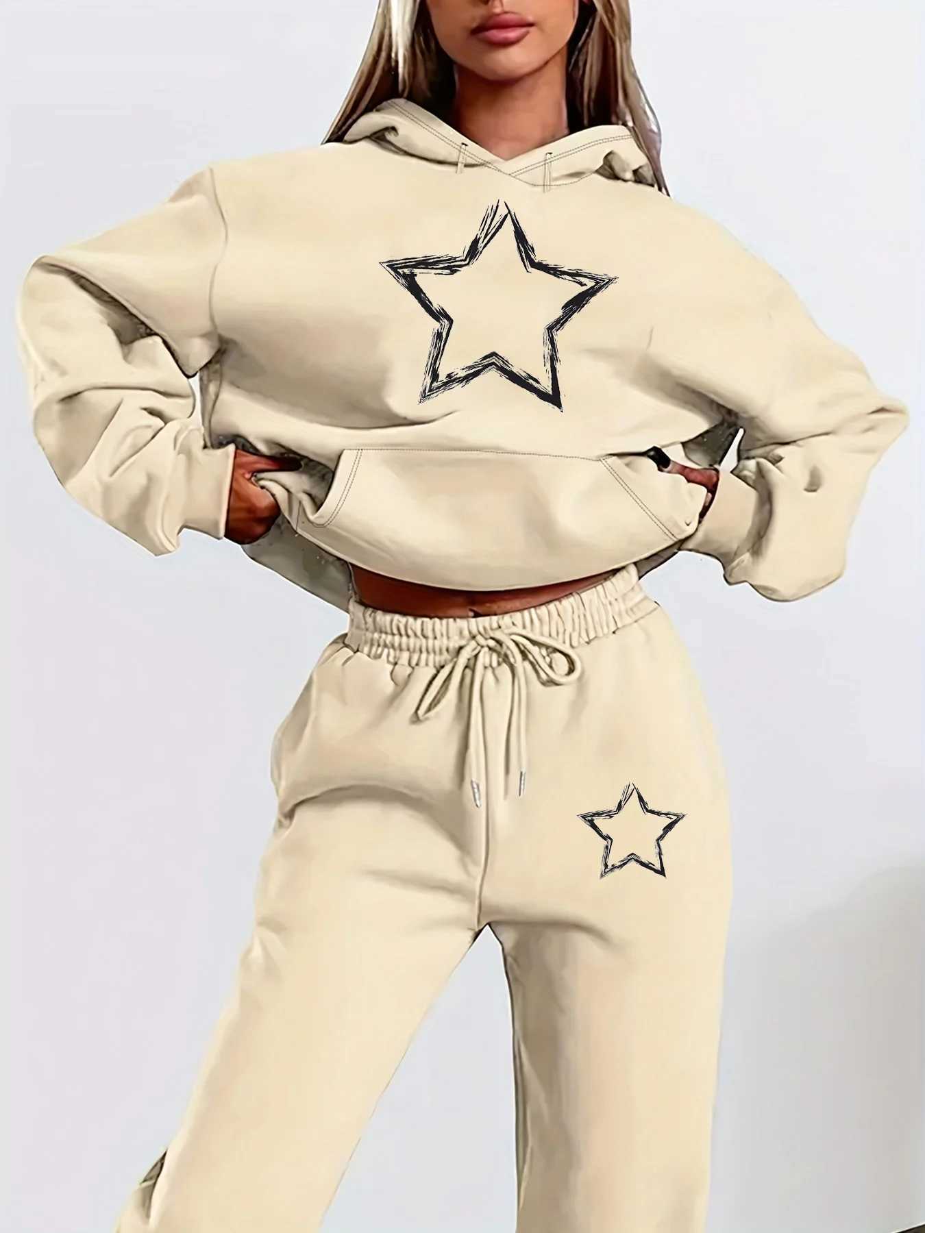 Womens autumn and winter fashion casual hiphop street pentagram pattern printed warm hooded sweatshirtsports pants setT251022