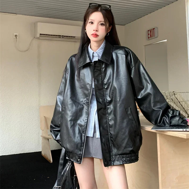 Faux Leather Jacket Women American Vintage Solid Pu Loose Casual Biker Outwear Streetwear Coats Woman 251020