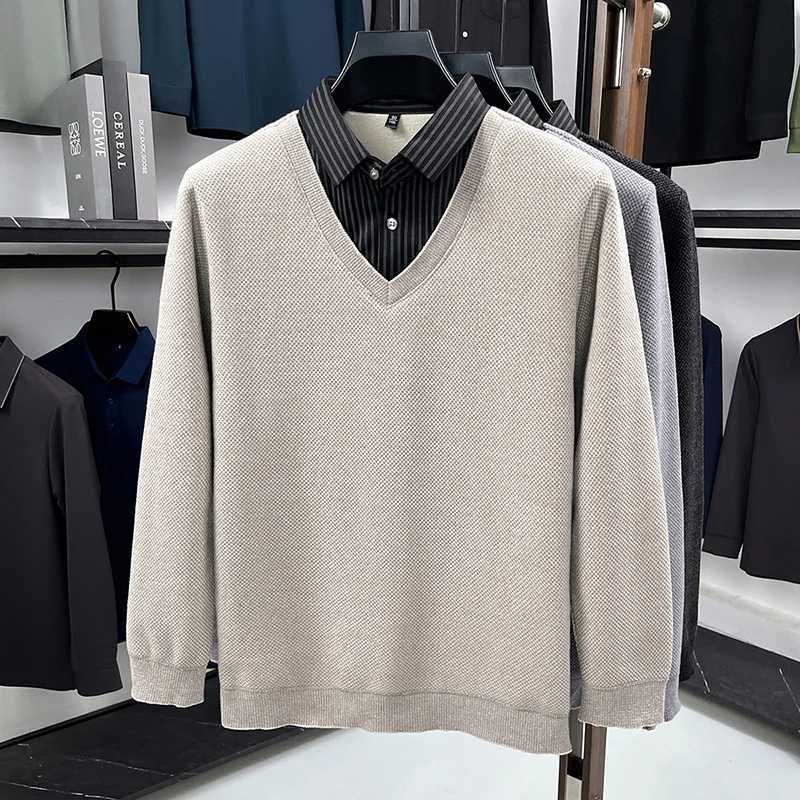 Original Quality Mens Lapel Fake Two Piece Knitted Sweater Winter New Velvet Thickened Print Striped Business Casual MenswearXJ251022