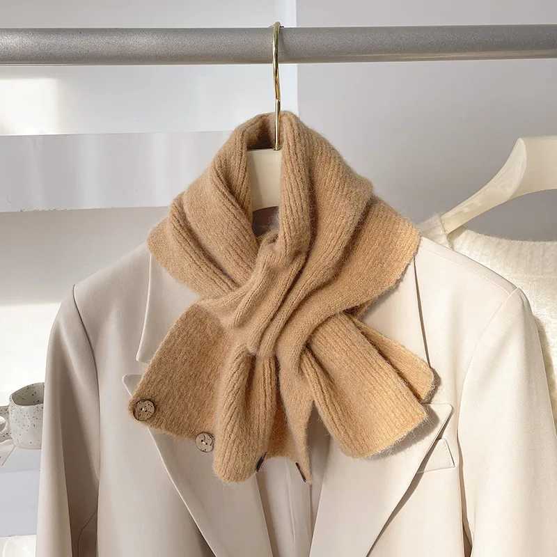 Autumn and Winter Cross Knitted Scarf Short Womens Scarf Korean Edition Color blocked Scarf Winter Warm Button Neck Cover J251022