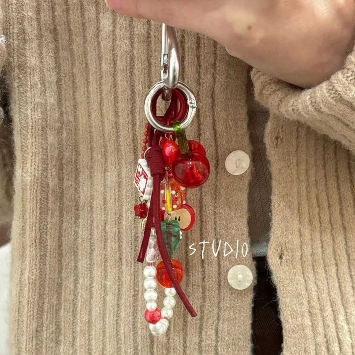 new product sweet red cherry Key Chain pearl Backpack pendant J251121