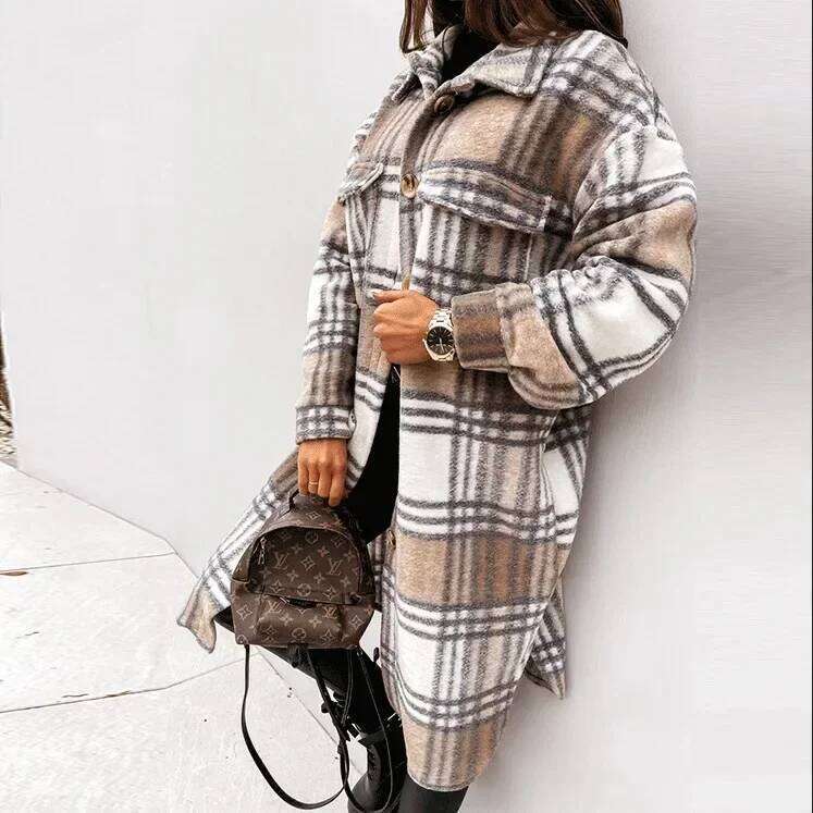 Single Breasted Trench Fashion Autumn Winter Women's Clothing Long Sleeve Woolen Plaid Overcoat Coat