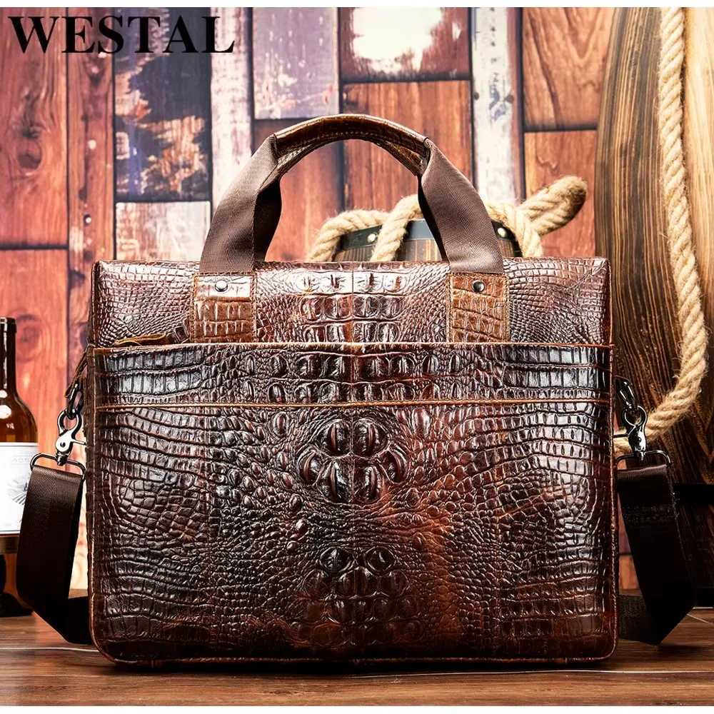WESTAL Men Briefcase Mens Bag Genuine Leather Office Bags for Men Laptop Bag Leather Briefcase Men Croco Design Computer Bags W251022