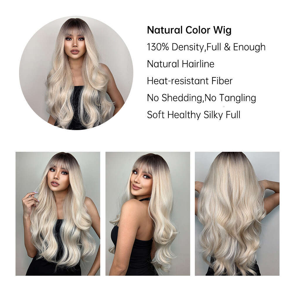 Women's Hair Bangs Long Curly Gradient White Gold New Hine-Made Synthetic Wig