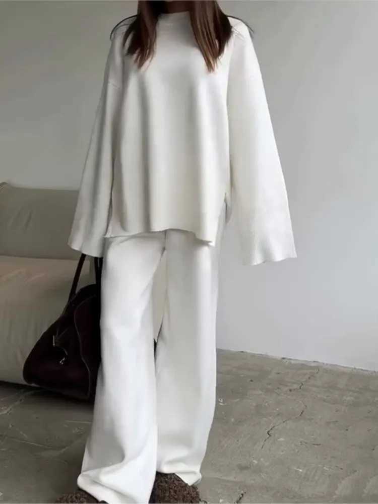 2025 Solid Color Knitted Sweater Two Piece Set Women Fashion Loose O Neck Knitting Pullover Trousers Sets Female Simple StyleT251022