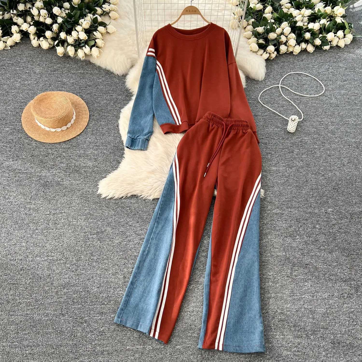 Pant Set Women Two Piece Sets Round Neck Matching Sets Sweatshirts Denim Splice Y2k Tops Casual Loose Long Pants High WaistT251022