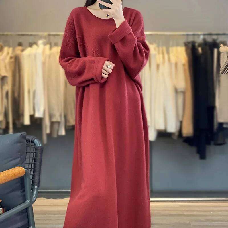 Women's Plus Size Cashmere Dress Round Neck Loose Fit Lazy Wind Embroidery Pure Wool Knitted Sweater For Autumn Winter 251022
