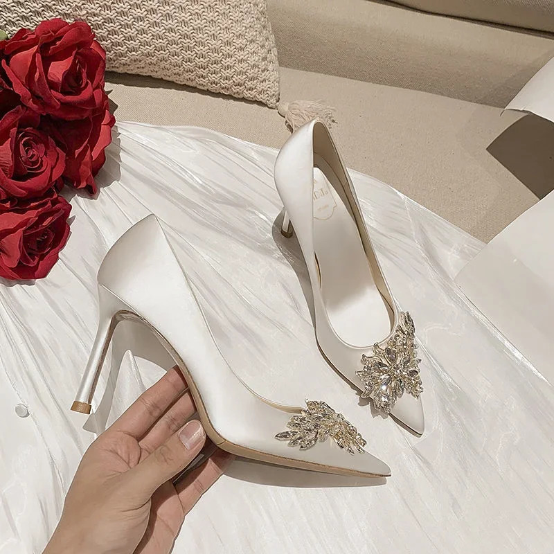 Maogu Satin Rhinestone Crystal Shallow Pumps Stiletto High Heel Womens Shoe Spring White Women Bridal Wedding Shoes 251016