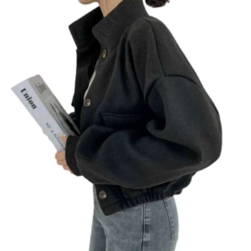 Korean Autumn Winter New Stand Collar Short Lazy Style Loose Casual Wool Coat for Women
