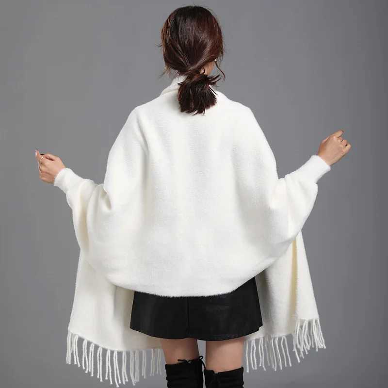 9 Colors Solid Faux Mink Cashmere Autumn Winter Warm Tassel Cape Women Thicken Poncho Loose Long Velvet Streetwear Shawl Coat J251118