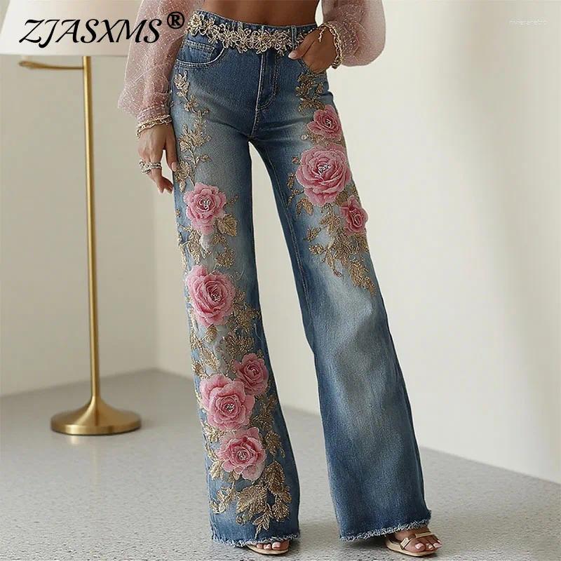 Women's Jeans Ethnic Pink Rose Flower Print Imitation Vintage Chic Button Pocket Denim Pants Woman High Waist Straight Trousers Harajuku Z260313