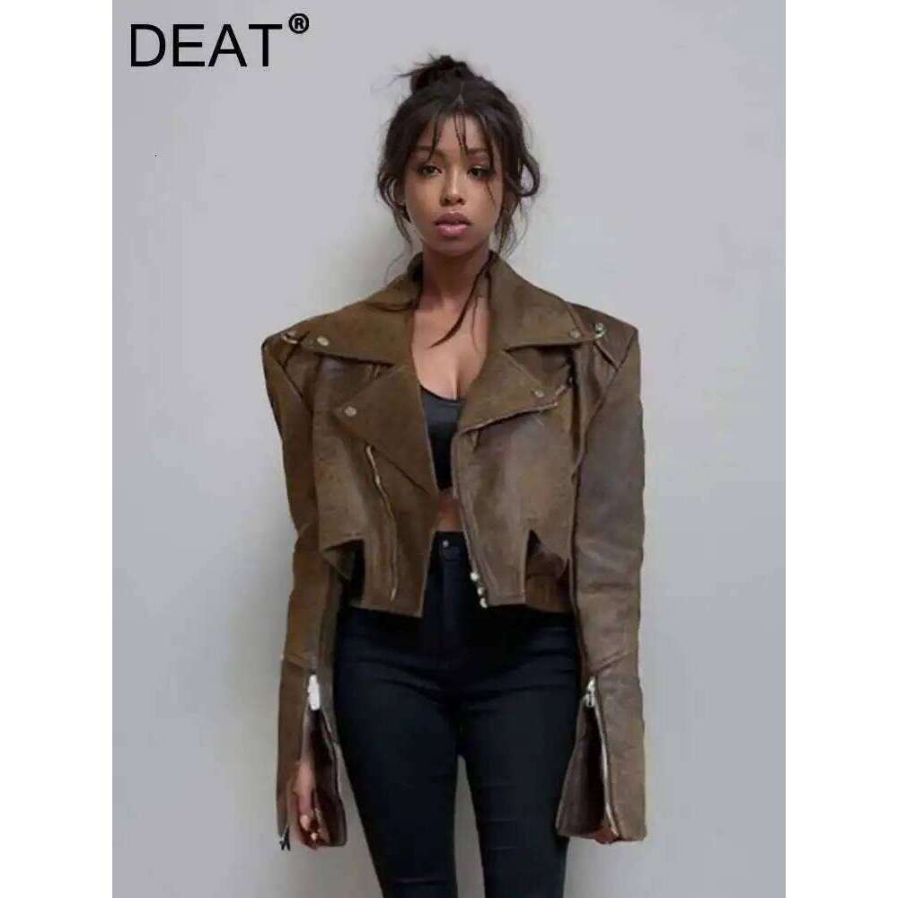 DEAT Women Street Motorcycle Personality Short PU Leather Jacket Long Sleeve Fashion Temperament 2024 Spring New 11D8791