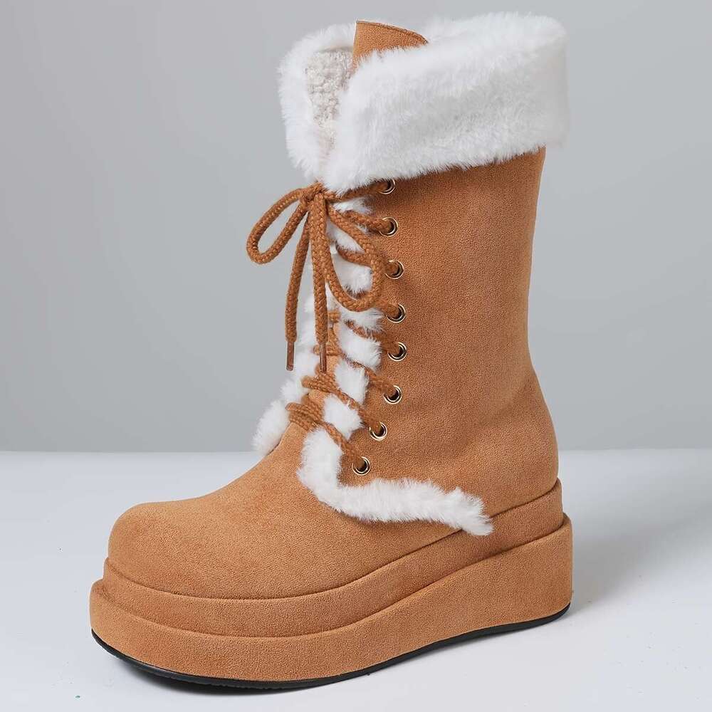 Fluffy Women Snow Double Platform Chunky Heels Lace Up Mid Calf Shoes Faux Furry Warm Punk Goth Christmas Boots