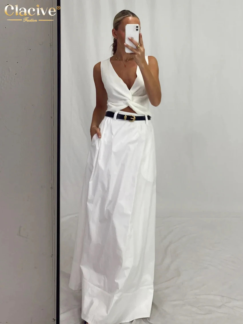 Clacive Fashion Loose White Cotton Womens Skirt 2025 Casual High Waist Long Skirts Elegant Classic Solid Skirt Female Clothing 251022
